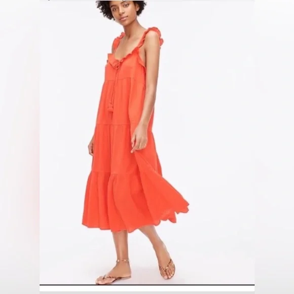 J. Crew Orange Tiered Ruffled Beach Maxi Dress Size Small - Picture 2 of 16